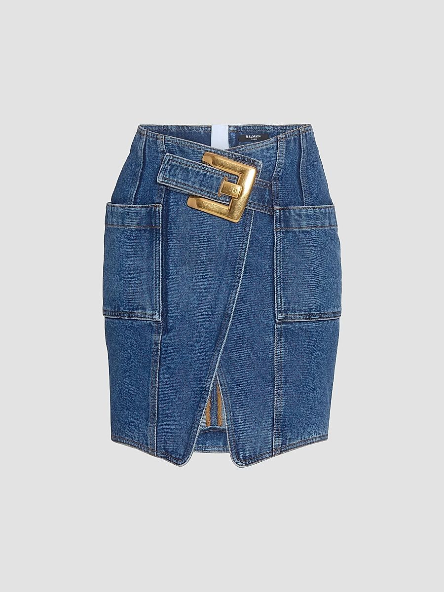 Balmain Women's Belt-Detail Denim Miniskirt - Bleu Jean Fonce - Size 12