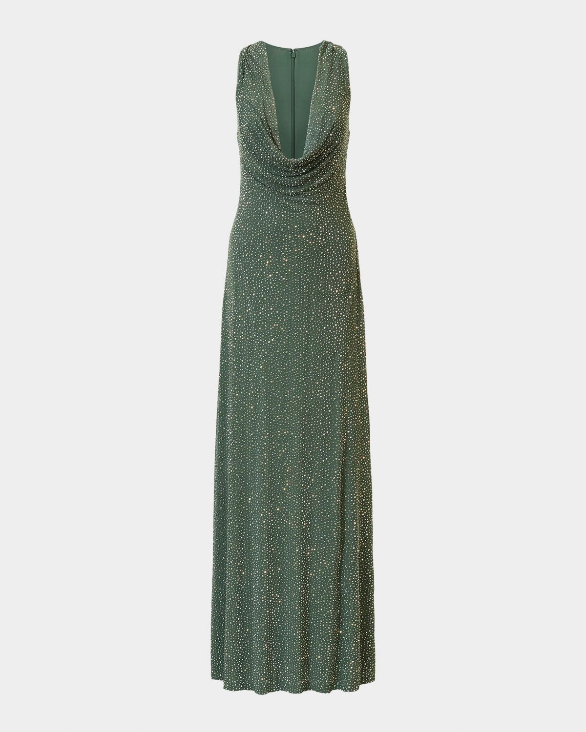 Sunni Plunging Cowl-Neck Crystal Mesh Gown