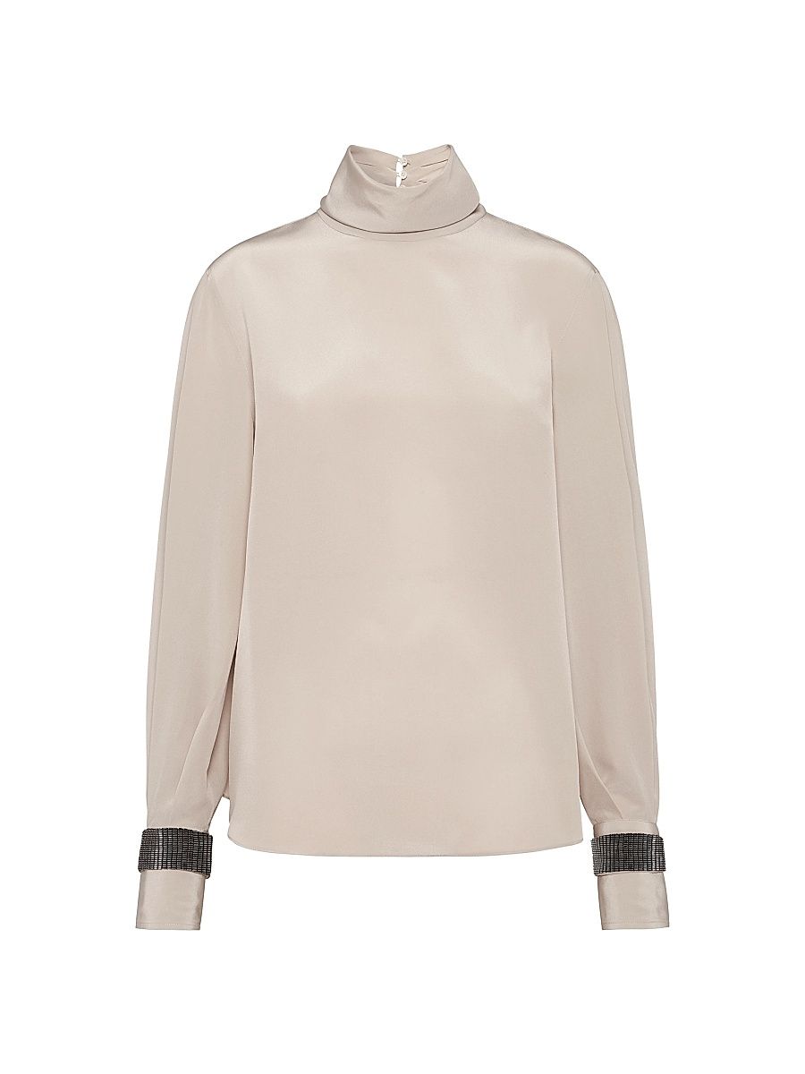 Women's Silk Crêpe De Chine Turtleneck T-Shirt with Precious Bracelets - Cool Beige - Size XXXL