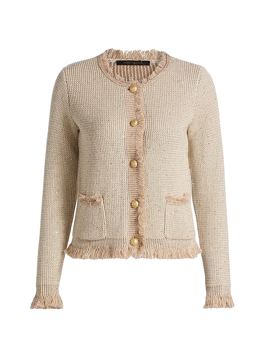 Women's Kailey Metallic-Knit Frayed Linen-Blend Cardigan - Natural - Size XXL