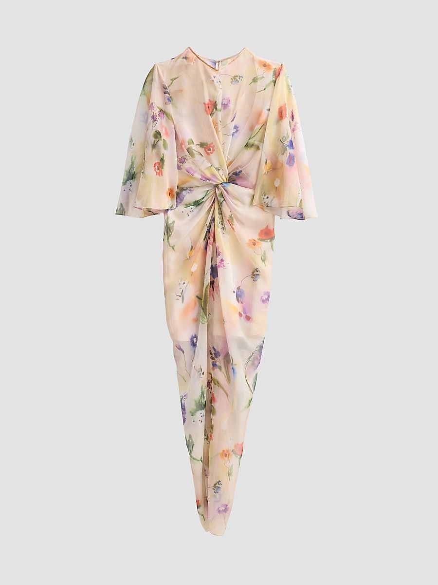 Women's Flutter-Sleeve Twist-Front Maxi Dress - Off White Multi - Size 14