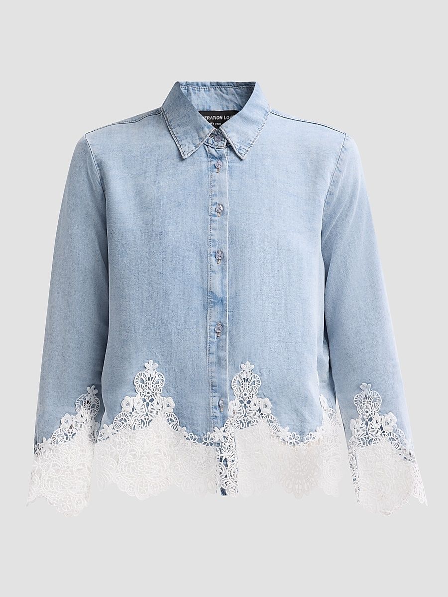 Women's Eli Lace Trim Denim Shirt - Light Blue White - Size XL
