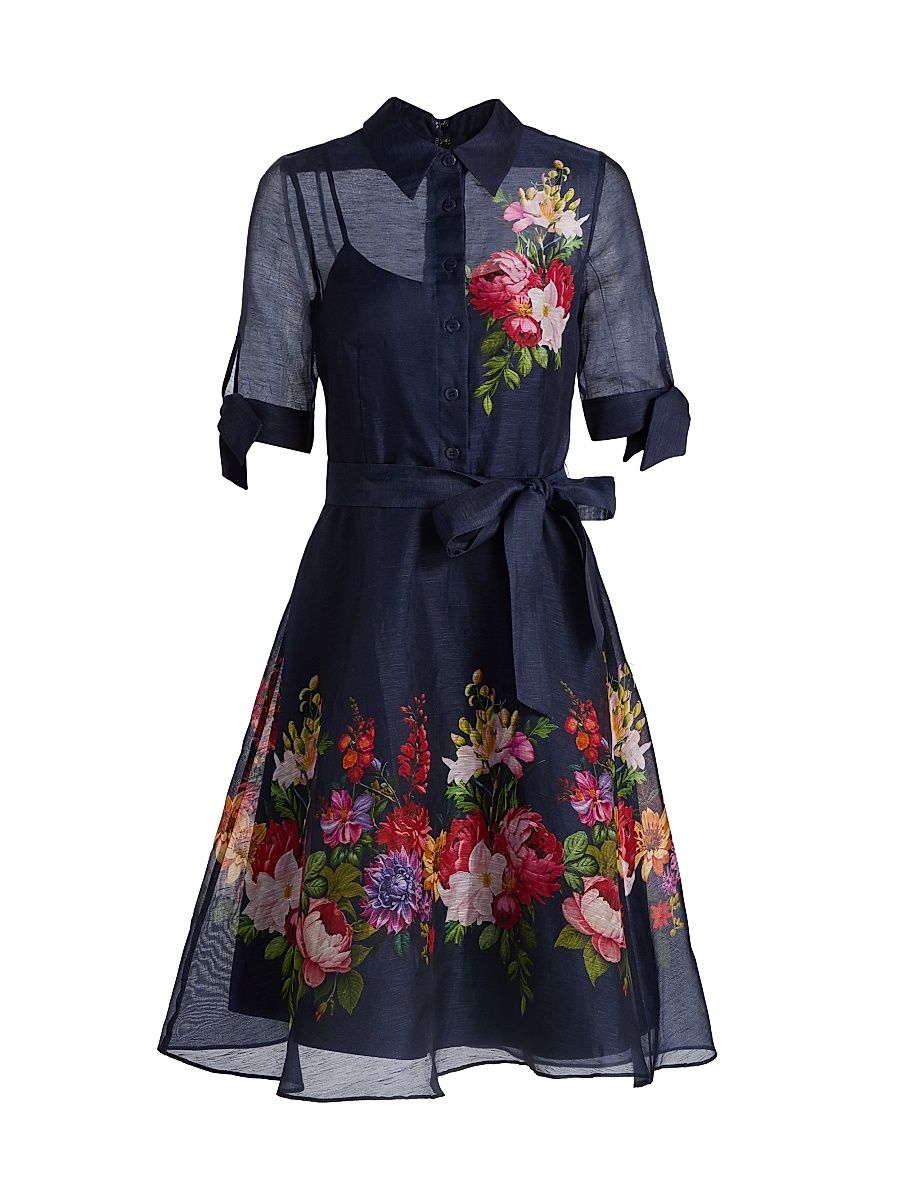 Women's Floral Linen-Silk Knee-Length Shirtdress - Navy Multi - Size 18
