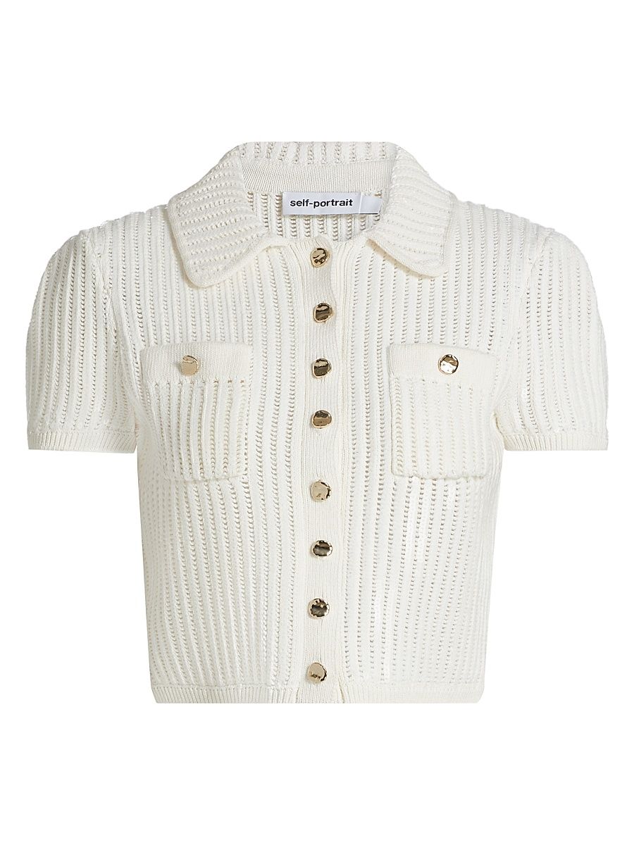 Women's Short-Sleeve Crochet Top - White - Size Large