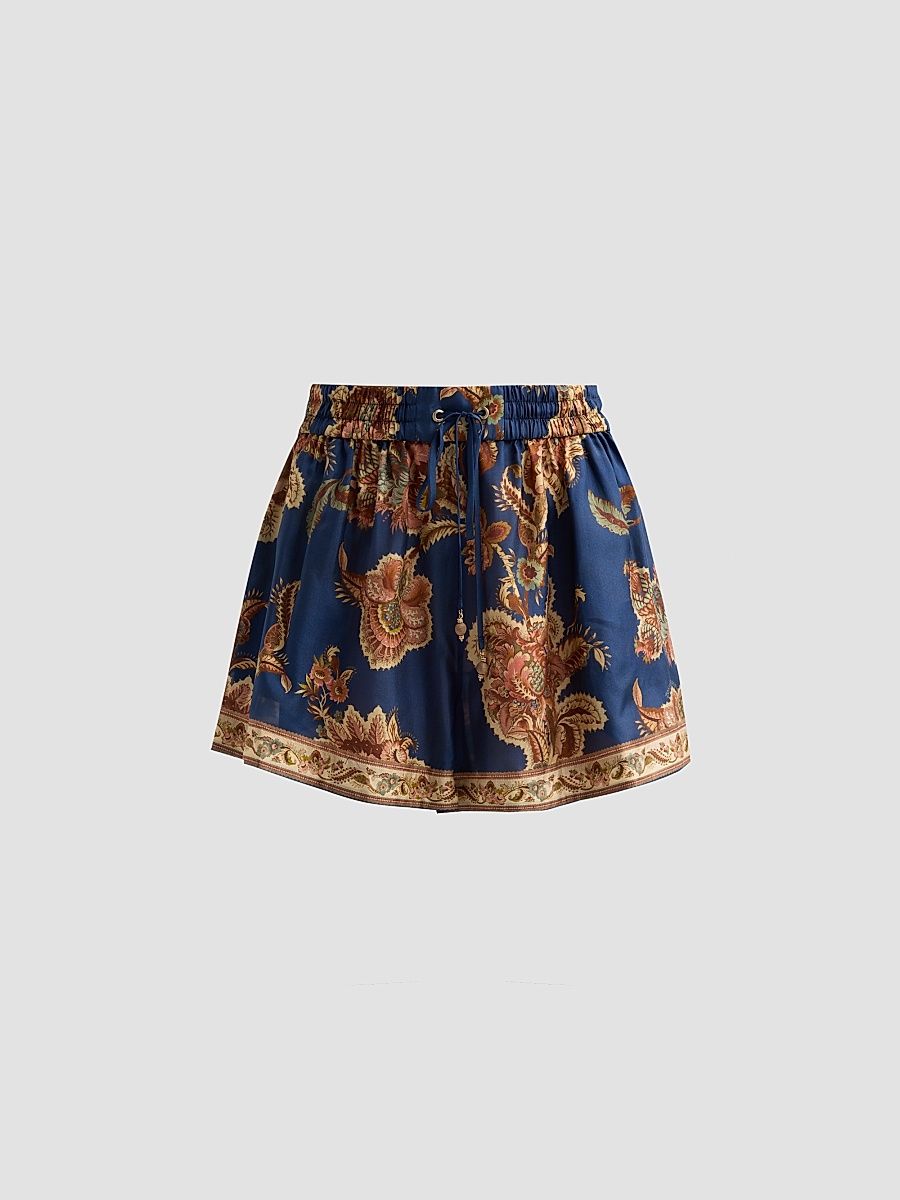 Women's Aster Silk Relaxed Shorts - Navy Jacobean - Size 10