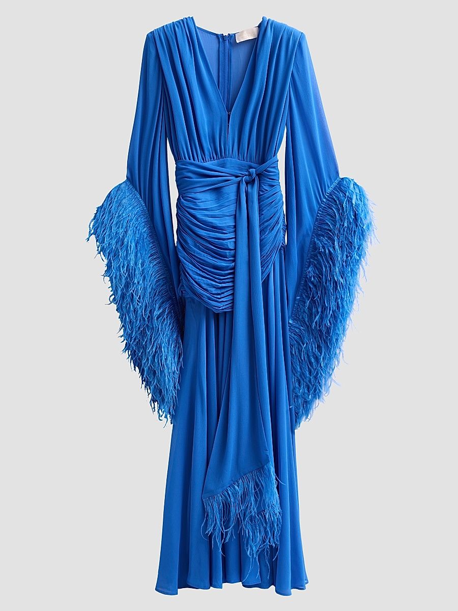 Women's Geisha Feather Cuff Draped Maxi Dress - Cobalt Blue - Size Large