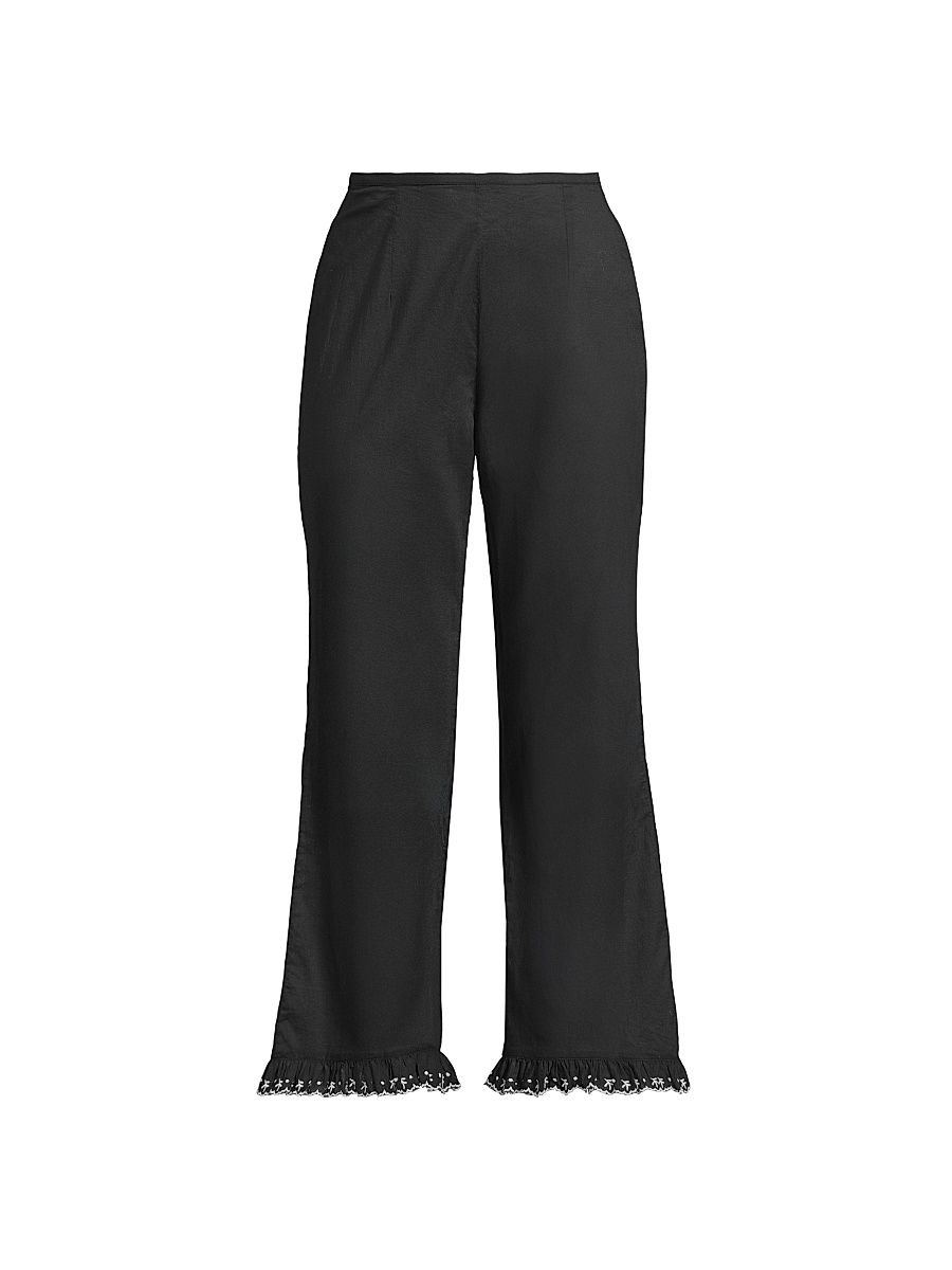 Women's Kaja Cotton Voile Embroidered-Hem Crop Pants - Black - Size 8