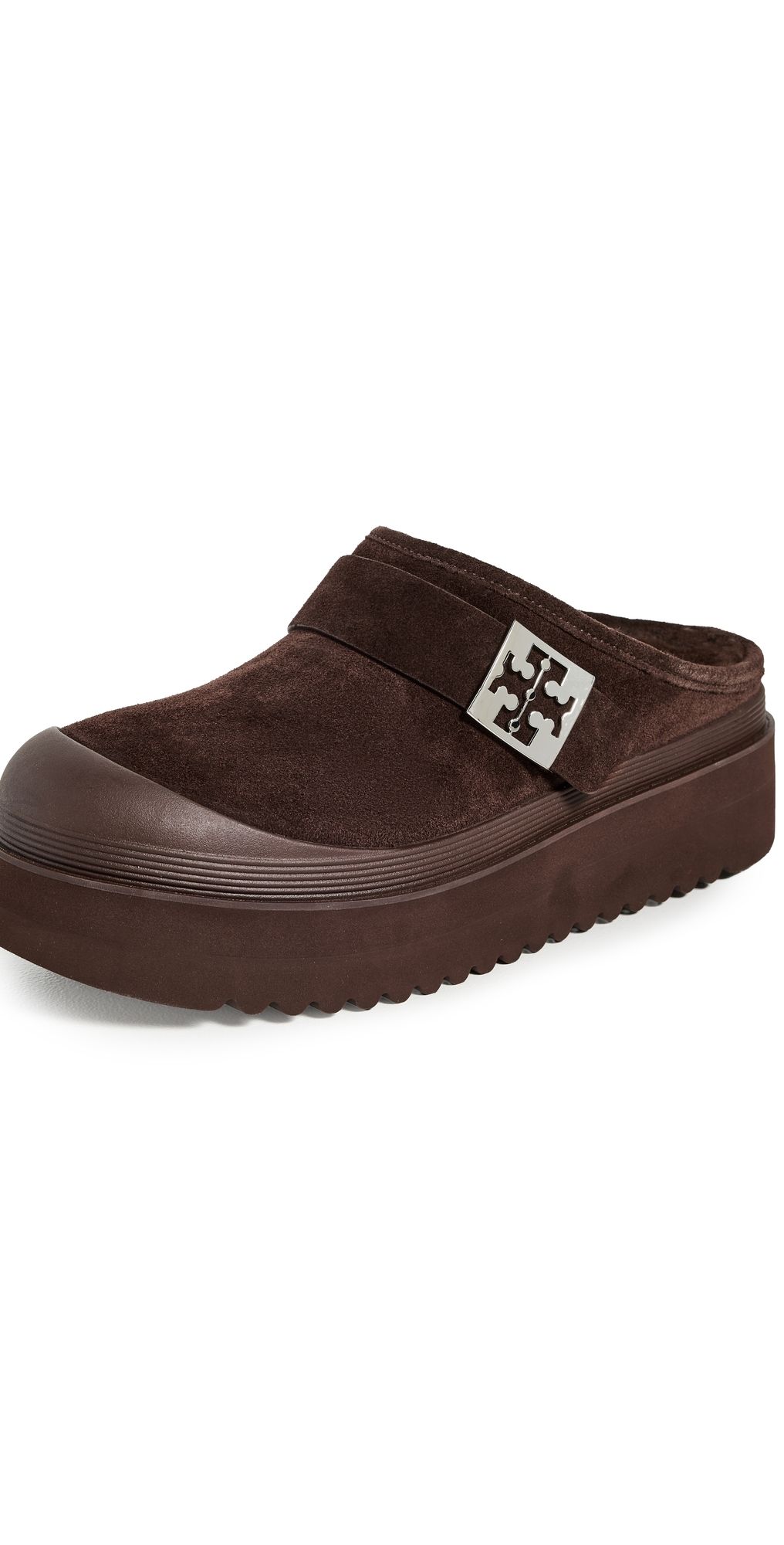 Tory Burch Mellow Shearling Platform Mules Dark Cocoa Tmono/Silver 9