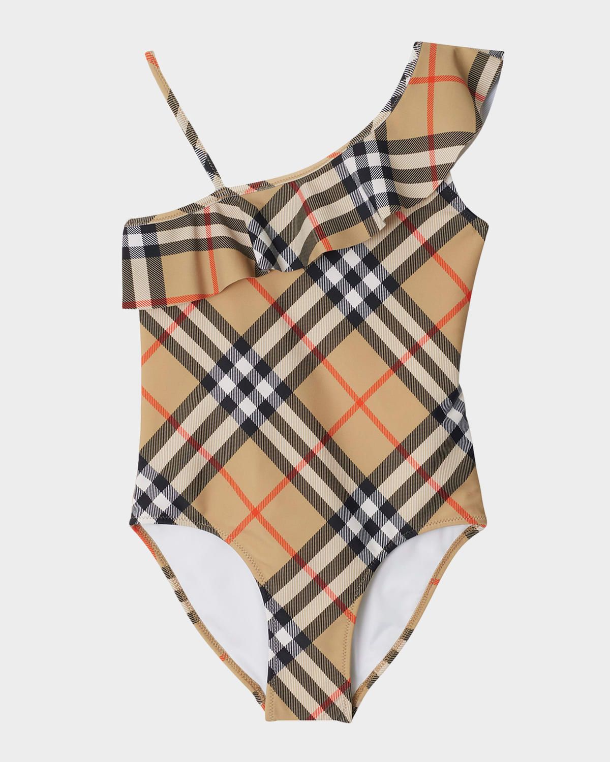 Girl & apos;s Fern Ruffled One-Shoulder Check One-Piece Swimsuit