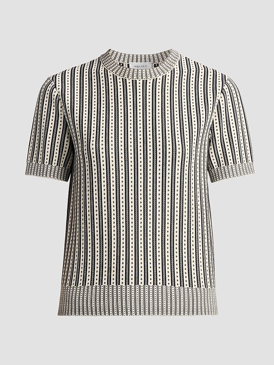 Women's Jacquard Stripe Crewneck Top - Ivory Navy - Size 12
