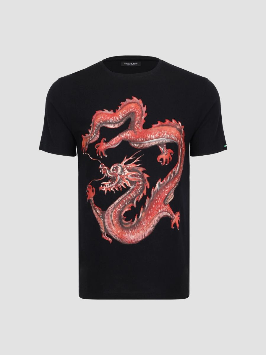 Stefano Ricci Men's Embroidered Coiled Dragon T-Shirt - Black - Size Small