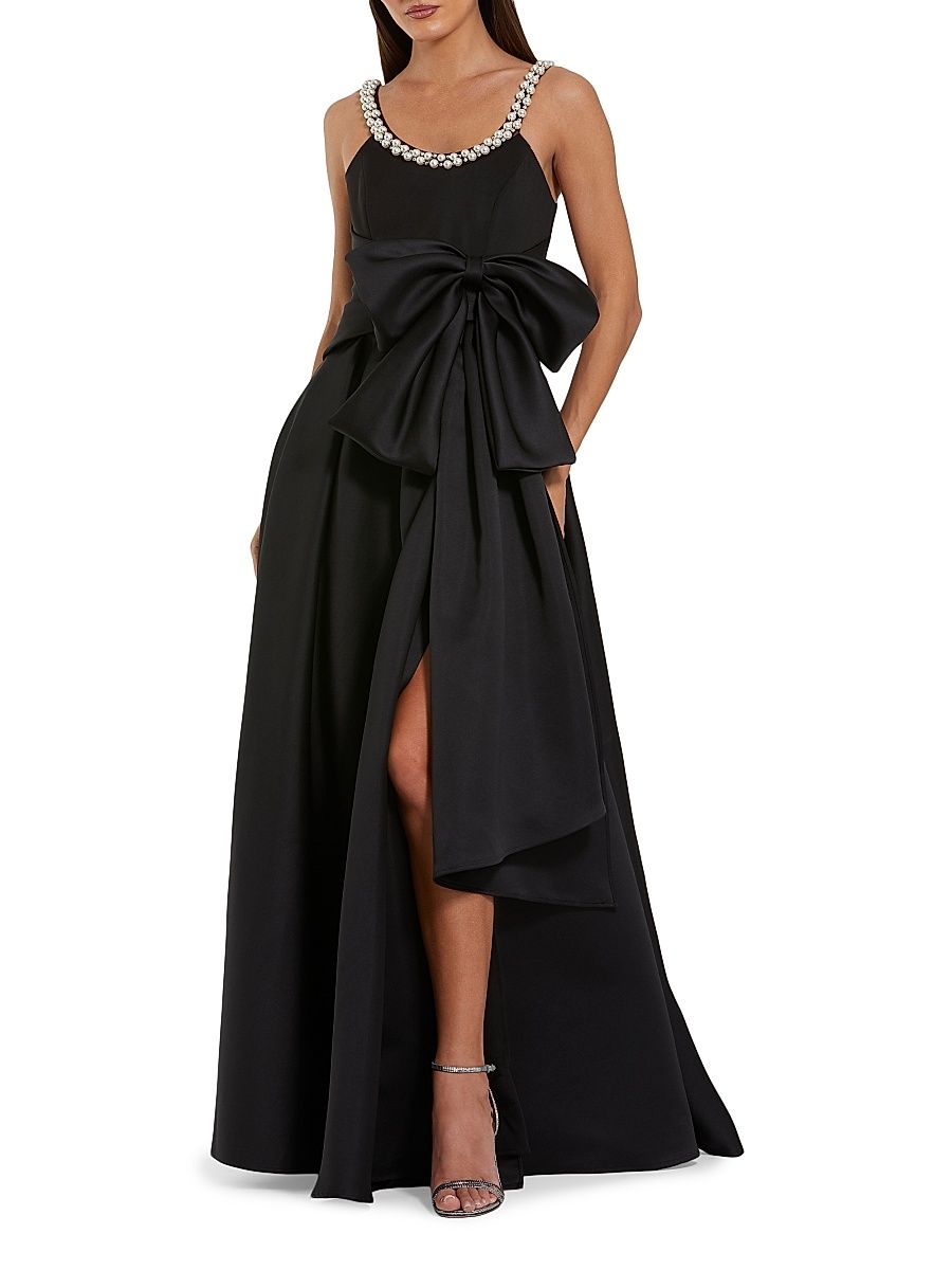 Women's Imitation Pearl- & Bow-Detailed Satin Gown - Black - Size 14