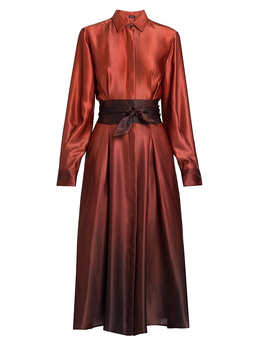 Women's Ombré Silk Tie-Waist Shirtdress - Cherry Bordeuax - Size 12