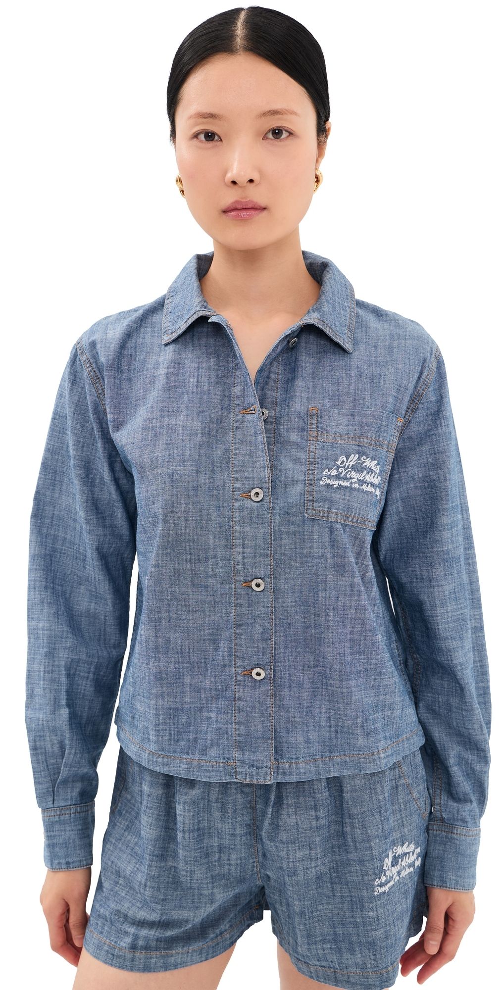 Off-White Chambray Denim Pajama Shirt Dark Blue 38