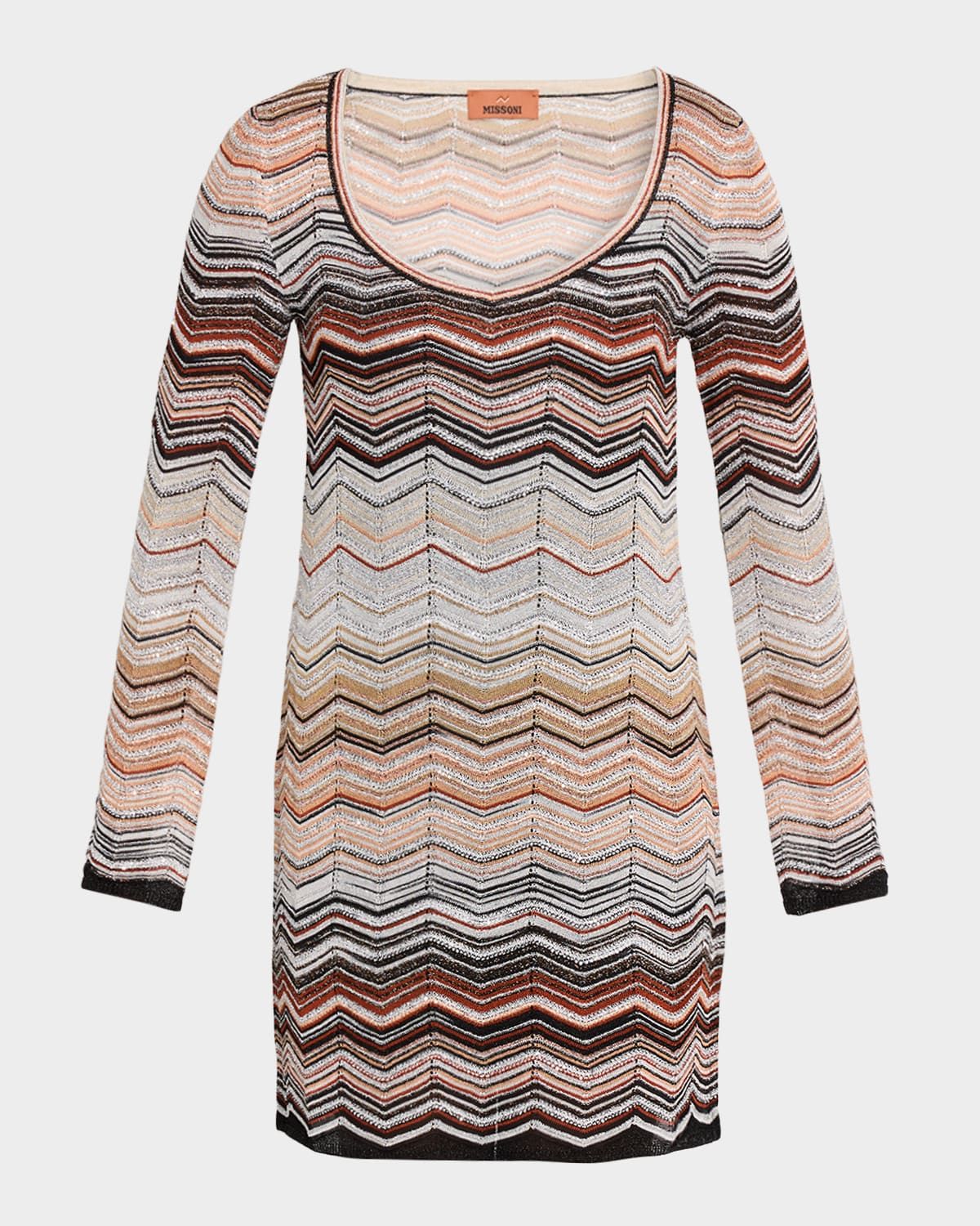 Paillette Chevron Knit Long-Sleeve Mini Dress