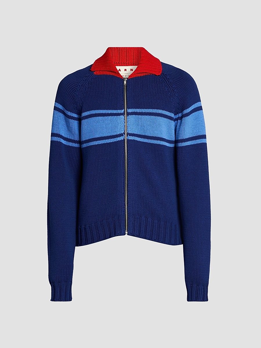 Men's Colorblocked Cotton Zip-Front Cardigan - Ocean - Size 44