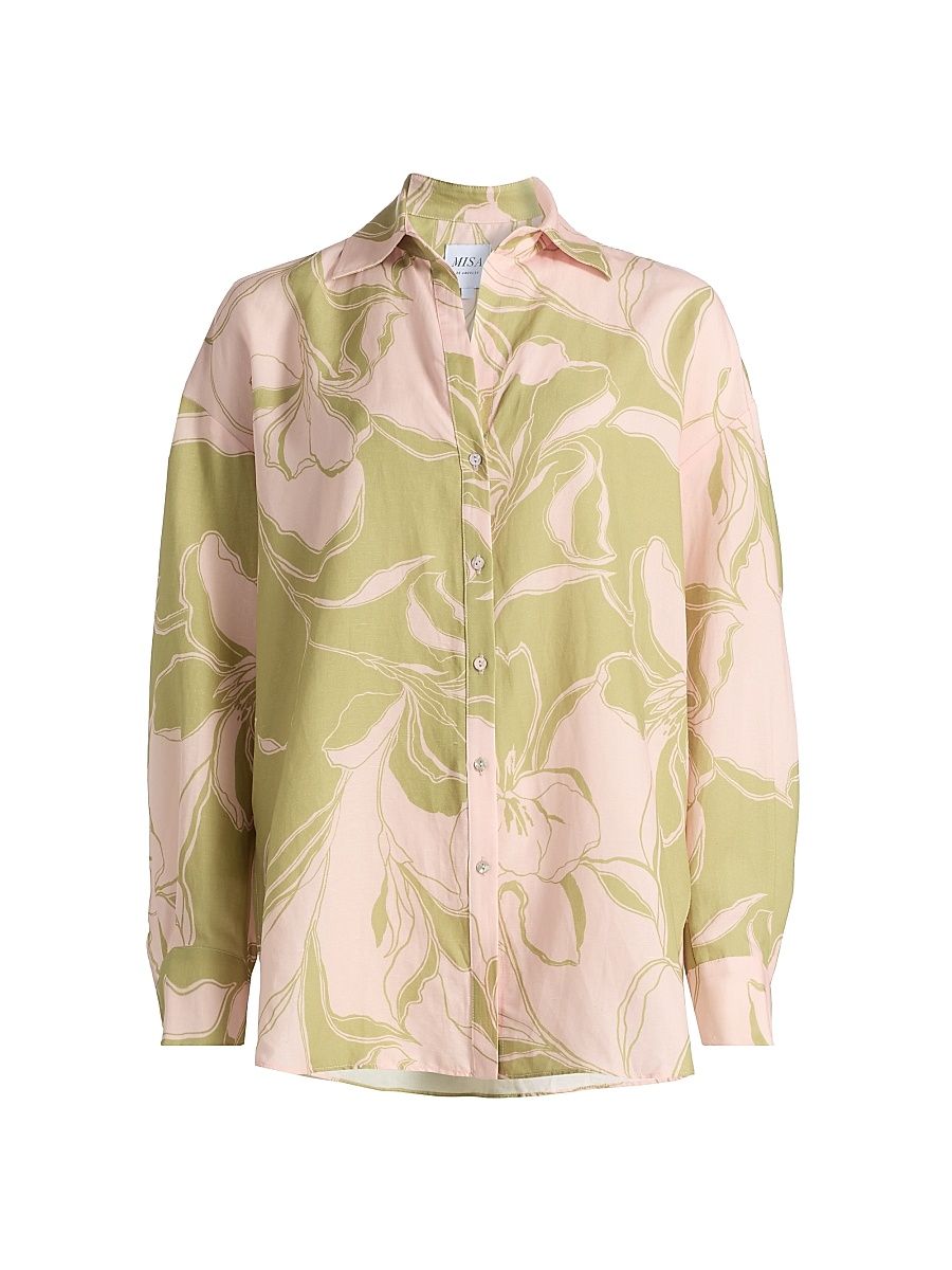 Women's Ani Floral Linen-Blend Shirt - Olive Flora - Size XL