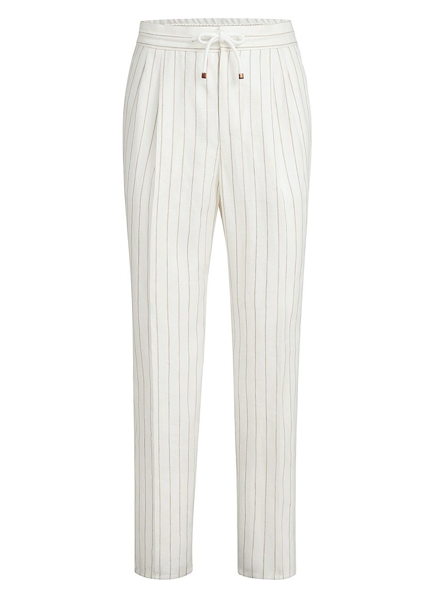 Men's Chalk Stripe Linen Twill Trousers with Drawstring - Panama - Size 48