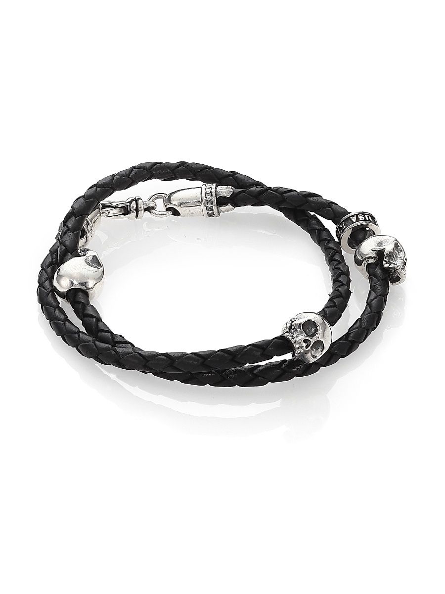 Men's Thin-Braided Double Wrap Leather Bracelet - Black
