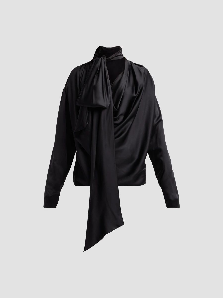 Balmain Women's Silk Satin Draped Blouse - Noir - Size 2