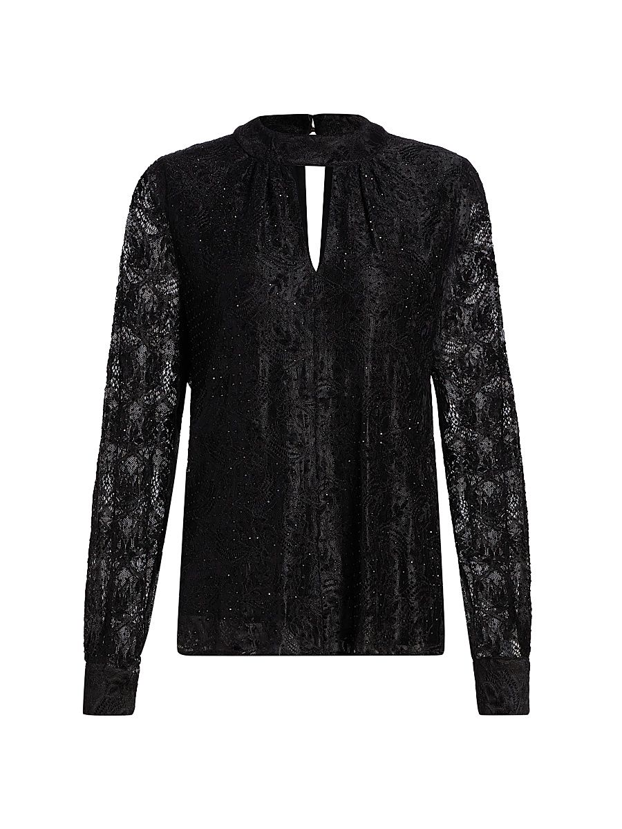 Women's Azure Embellished Lace Blouse - Noir Allover Rhinestone - Size Large
