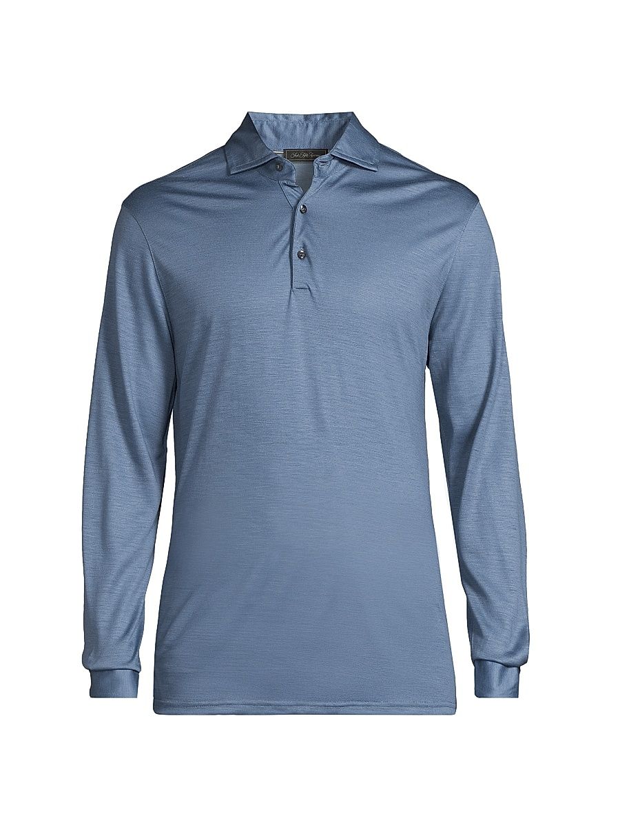 Men's COLLECTION Wool Long-Sleeve Polo Shirt - Blue Grey - Size XL