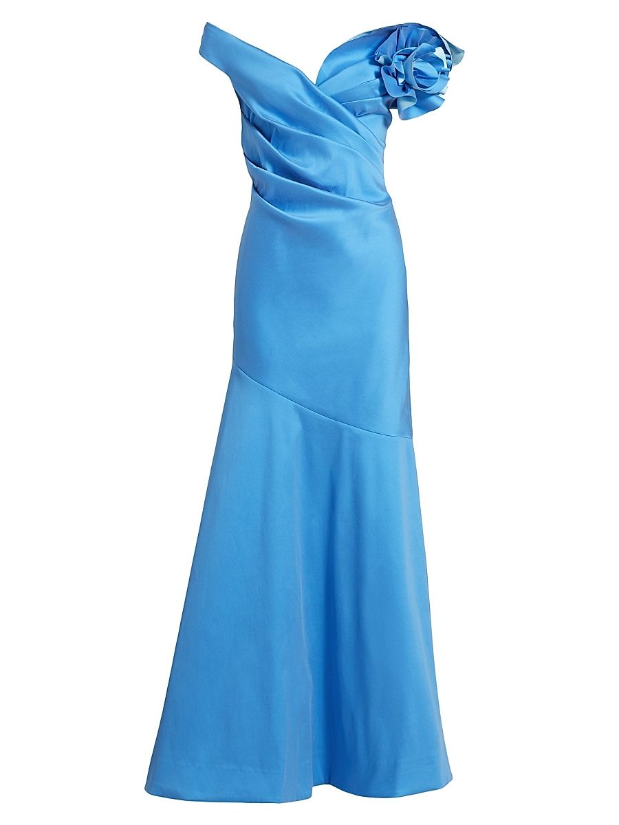 Women's Off-The-Shoulder 3D Flower Gown - French Blue - Size 12