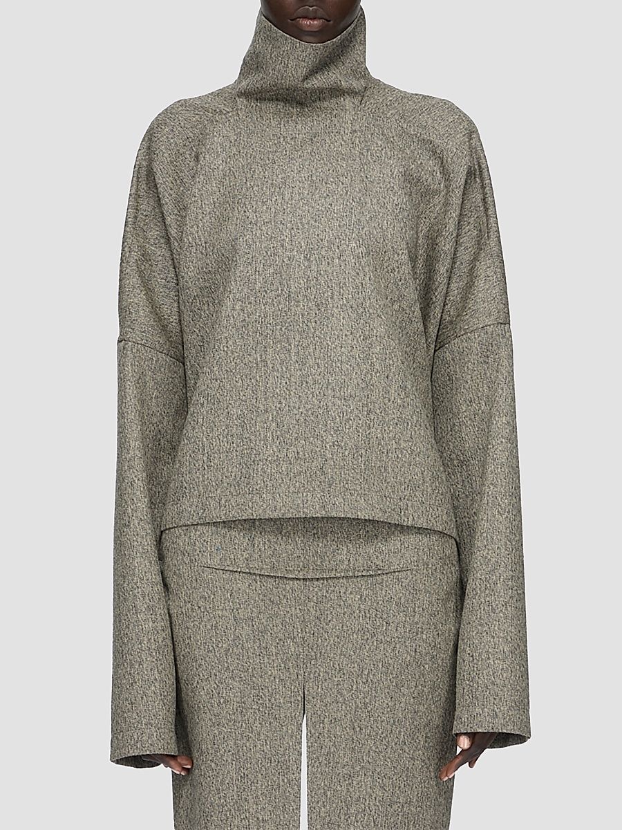 Women's Wool Oversized Funnel-Neck T-Shirt - Black Melange