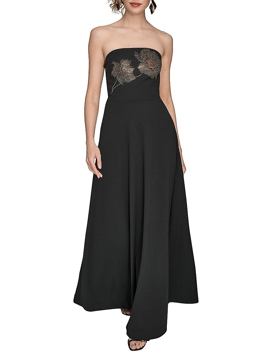 Women's Crystal-Embellished Floral Strapless Gown - Black Multi - Size 2