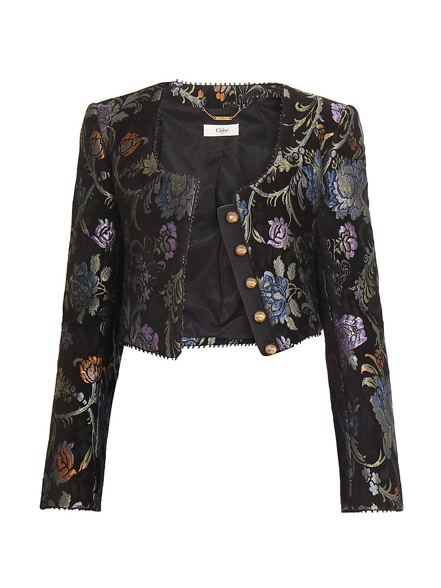 Women's Floral Brocade Crop Jacket - Multicolor Black - Size 8