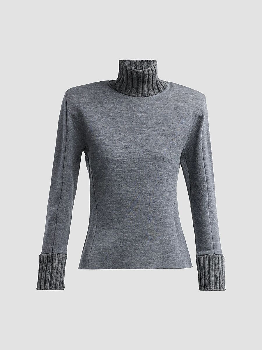 Women's Turtleneck Double-Knit Wool Long-Sleeve Sweater - Thunder - Size Small
