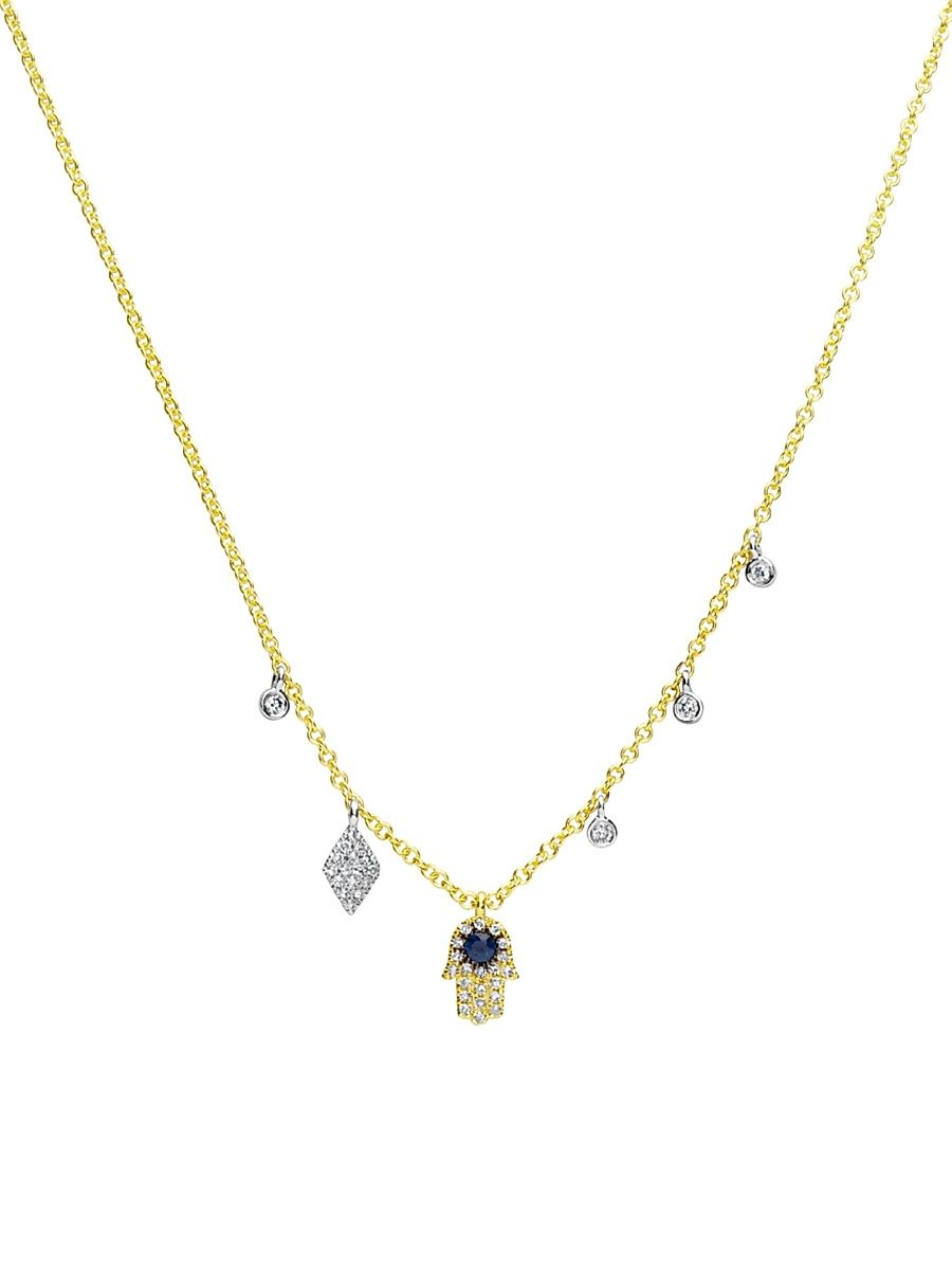 Women's 14K Gold &Blue Sapphire Hamsa Necklace - Yellow Gold