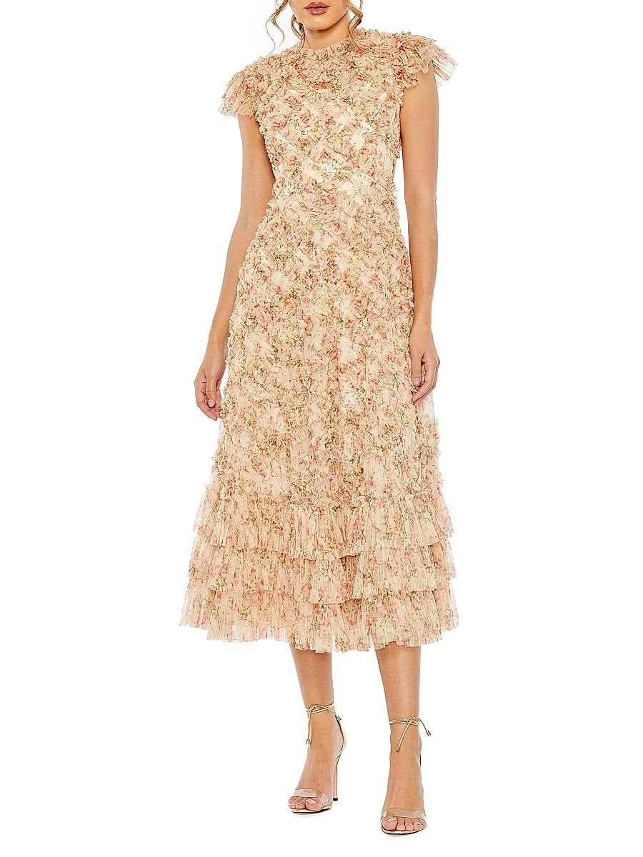 Women's Floral Ruffle Cocktail Dress - Beige Multi - Size 14