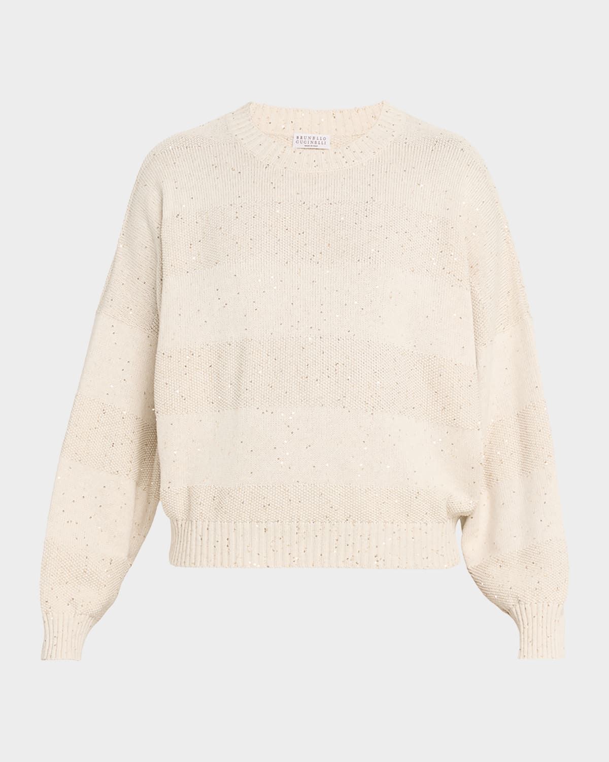 Linen-Cotton Pailette Striped Crewneck Sweater
