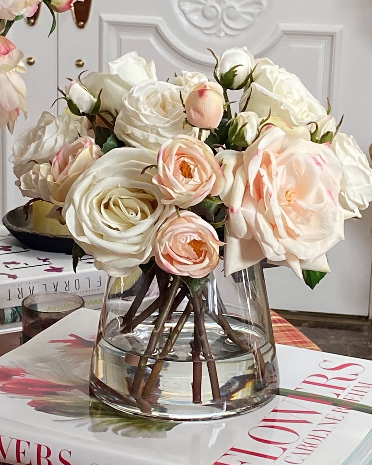 Mix Rose Faux Flowers in Glass Vase