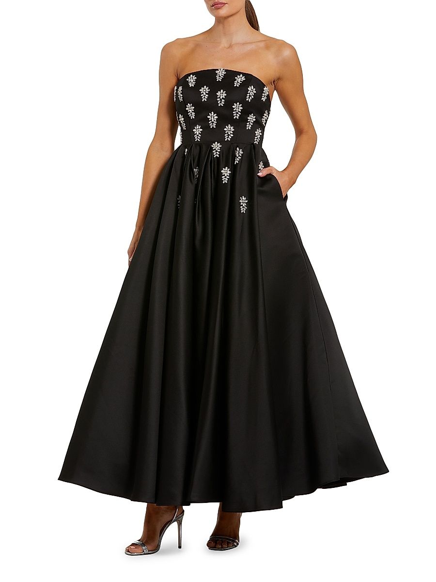 Women's Embellished Satin Strapless Tea-Length Dress - Black - Size 16