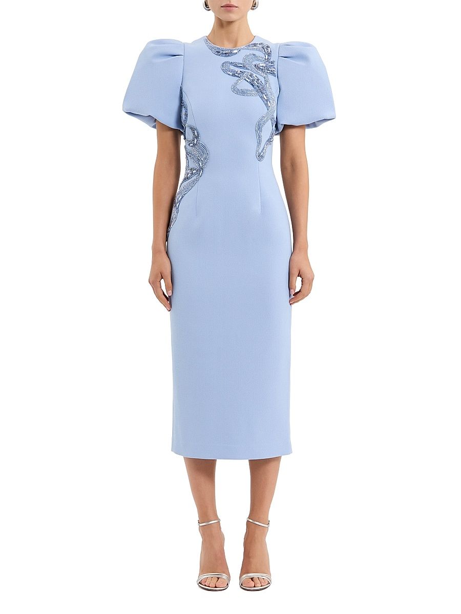 Women's Aylin Embroidered Puff-Sleeve Midi-Dress - Blue - Size 10