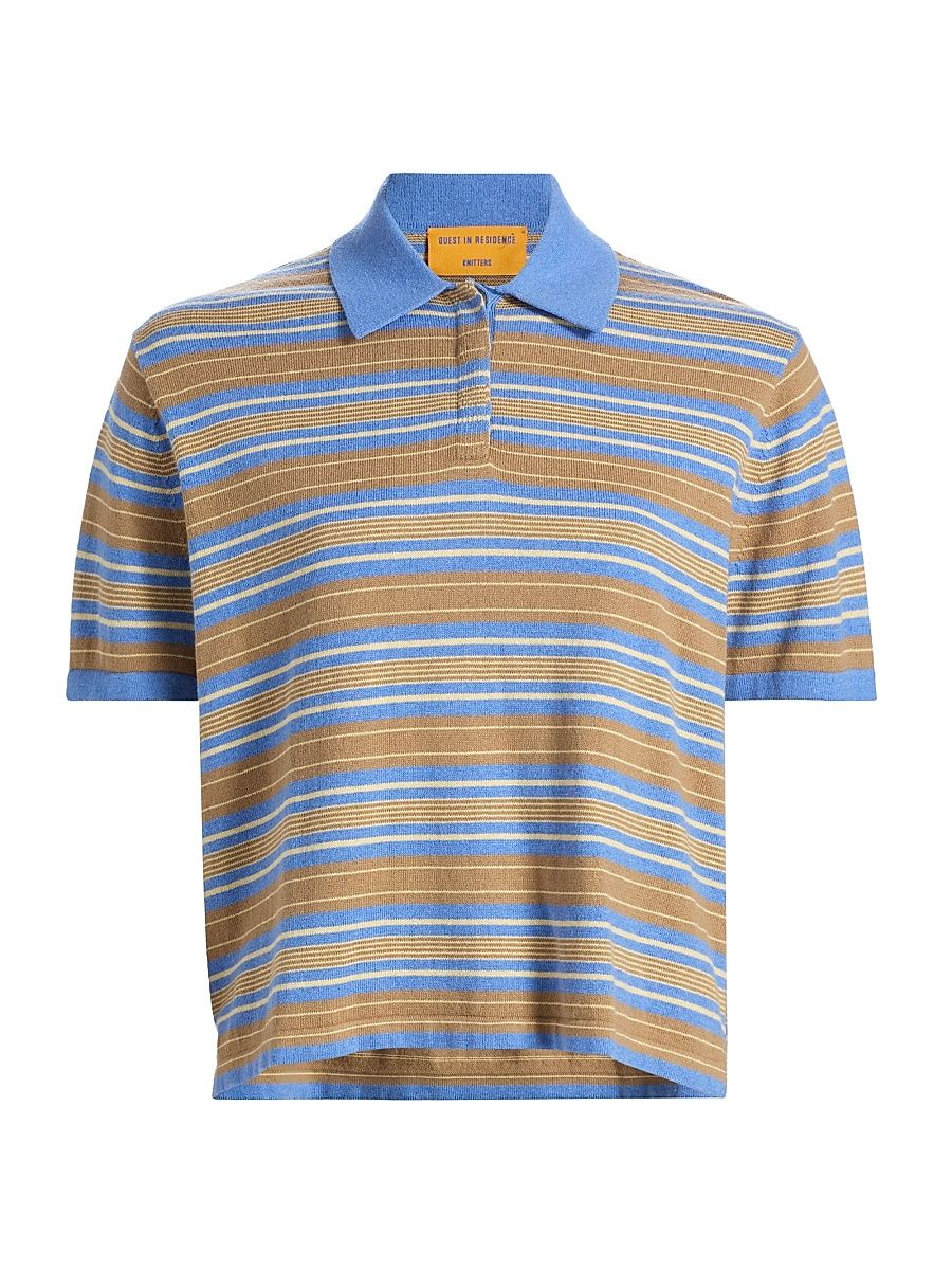 Women's Striped Cotton-Cashmere Polo Shirt - Delft Blue Combo - Size XL