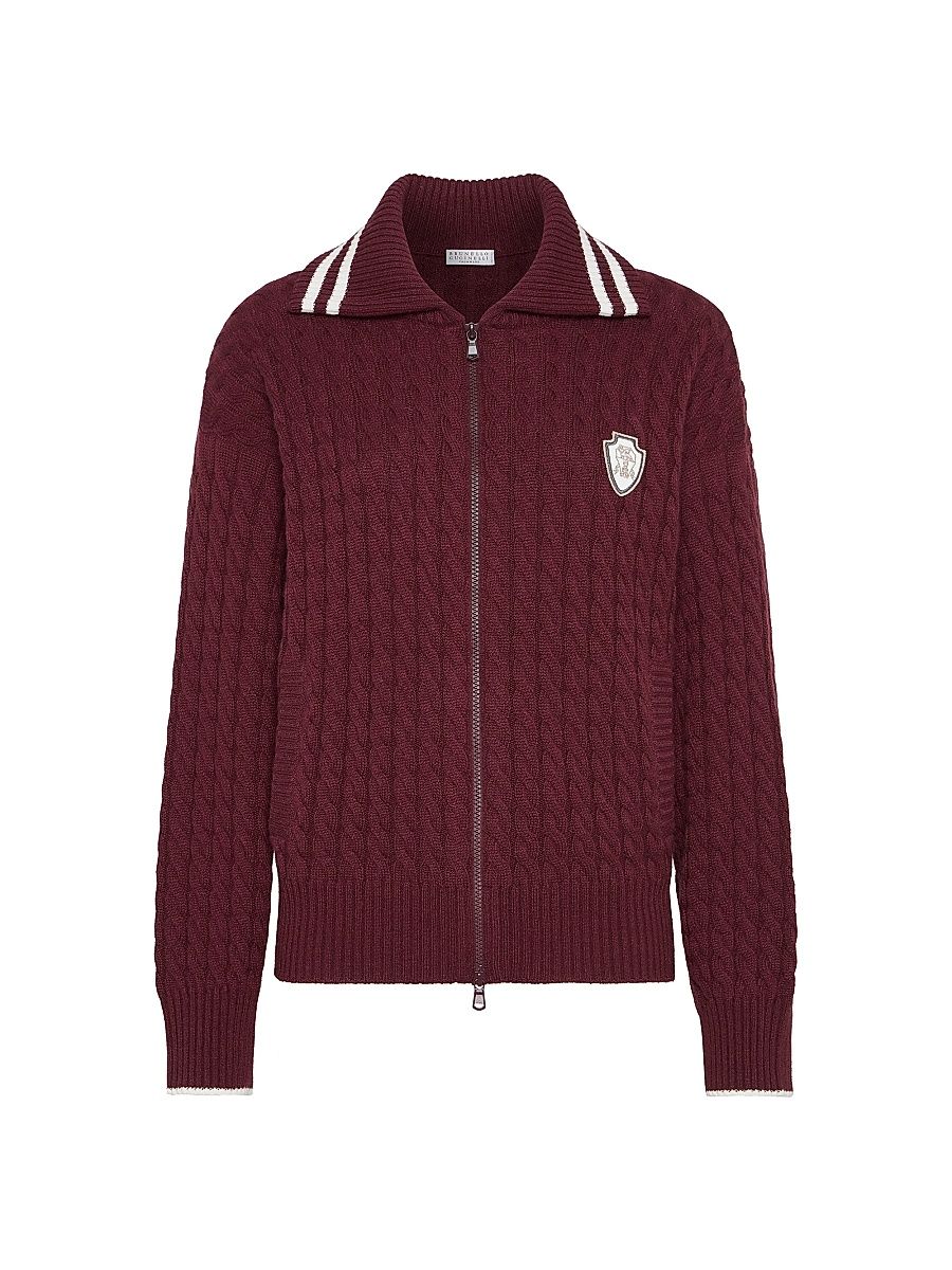 Women's Cashmere Cable Knit Cardigan with Logo - Amaranth Red - Size XXS