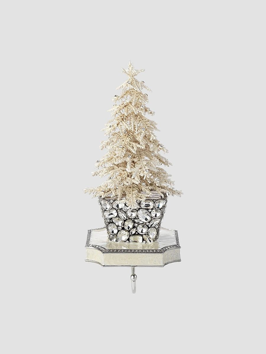Frosty Holiday Flocked Crystal Tree Stocking Holder - White