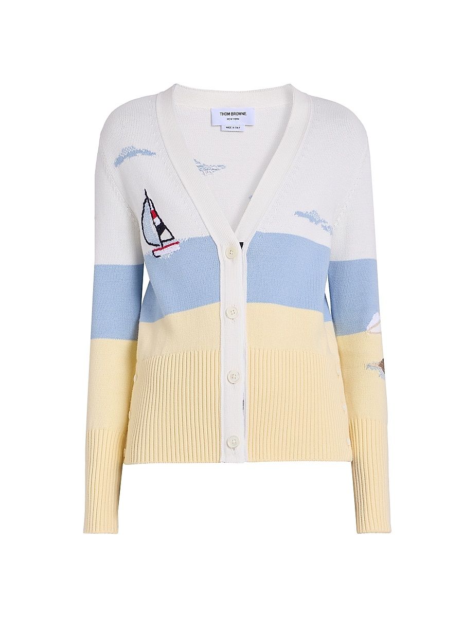 Women's Embroidered Nantucket Scenic Intarsia Cardigan - White - Size 12