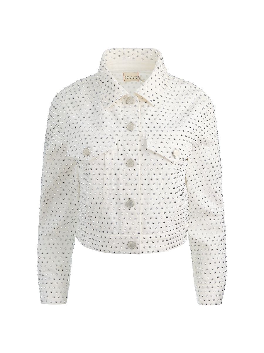 Women's Chloe Embellished Denim Crop Jacket - Off White Silver - Size XL
