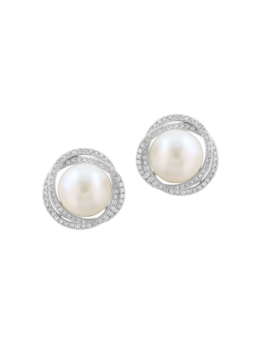 Women's 14K White Gold, Freshwater Pearl & 0.57 TCW Diamond Stud Earrings - White Gold
