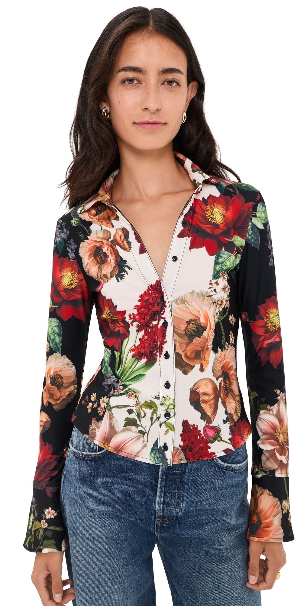 ALICE + OLIVIA Freya Fitted Button Down Top Floral Radiance L