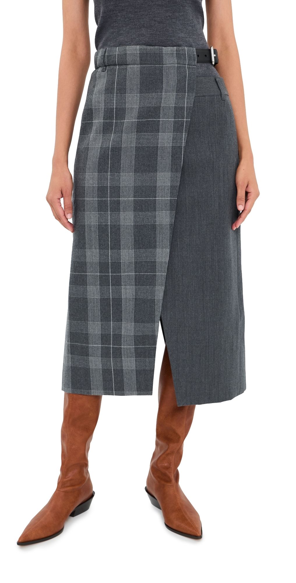 Tibi Papery Wool Plaid Double Apron Skirt Grey Multi 4