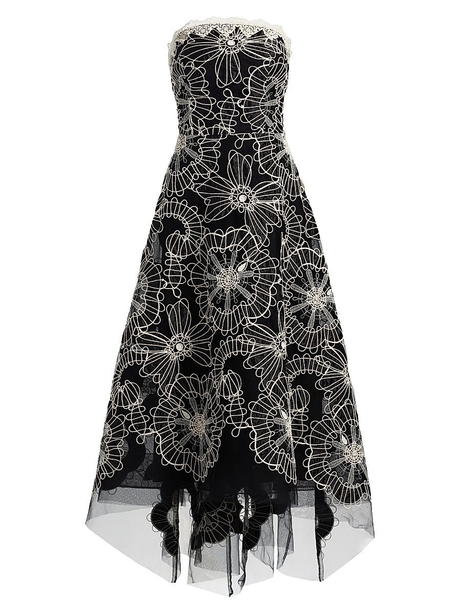 Women's Embroidered High-Low Tea-Length Dress - Black Ivory - Size 14
