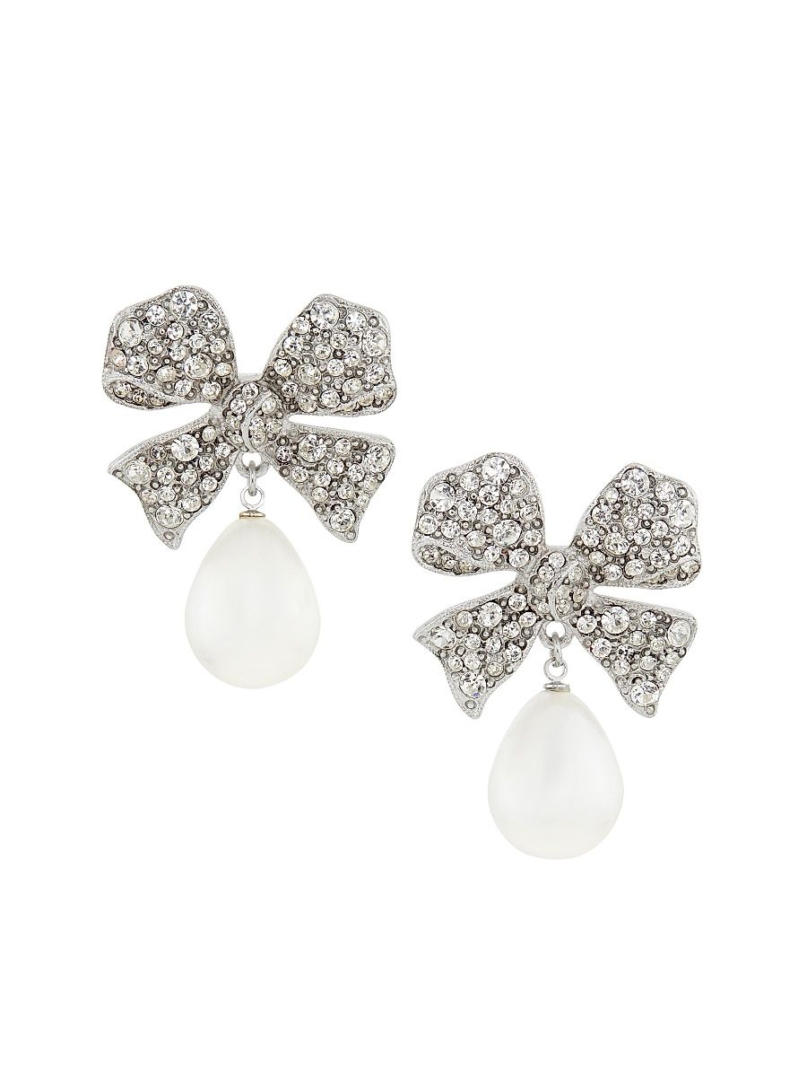 Women's Rhodium-Plated, Imitation Pearl & Glass Crystal Bow Drop Earrings - Silver