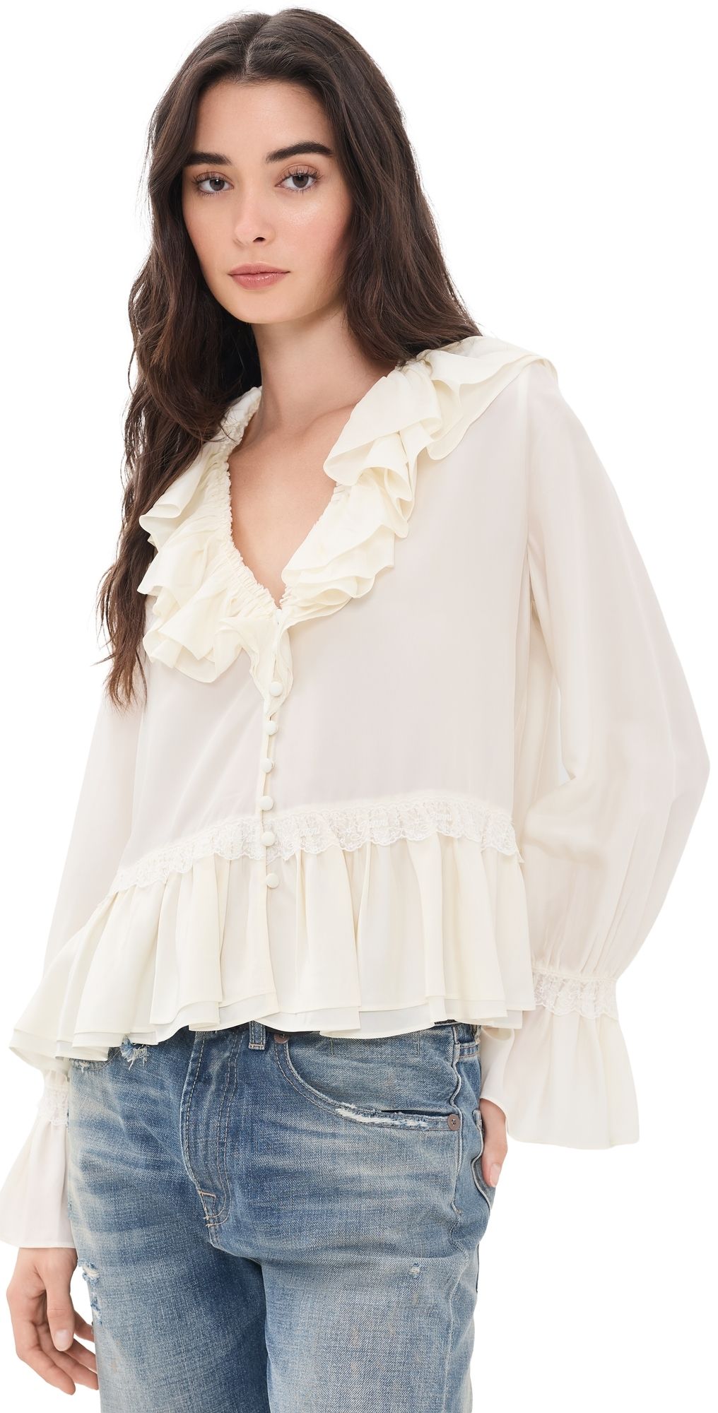 GANNI Viscose Silk Blend Frill Blouse Egret 34