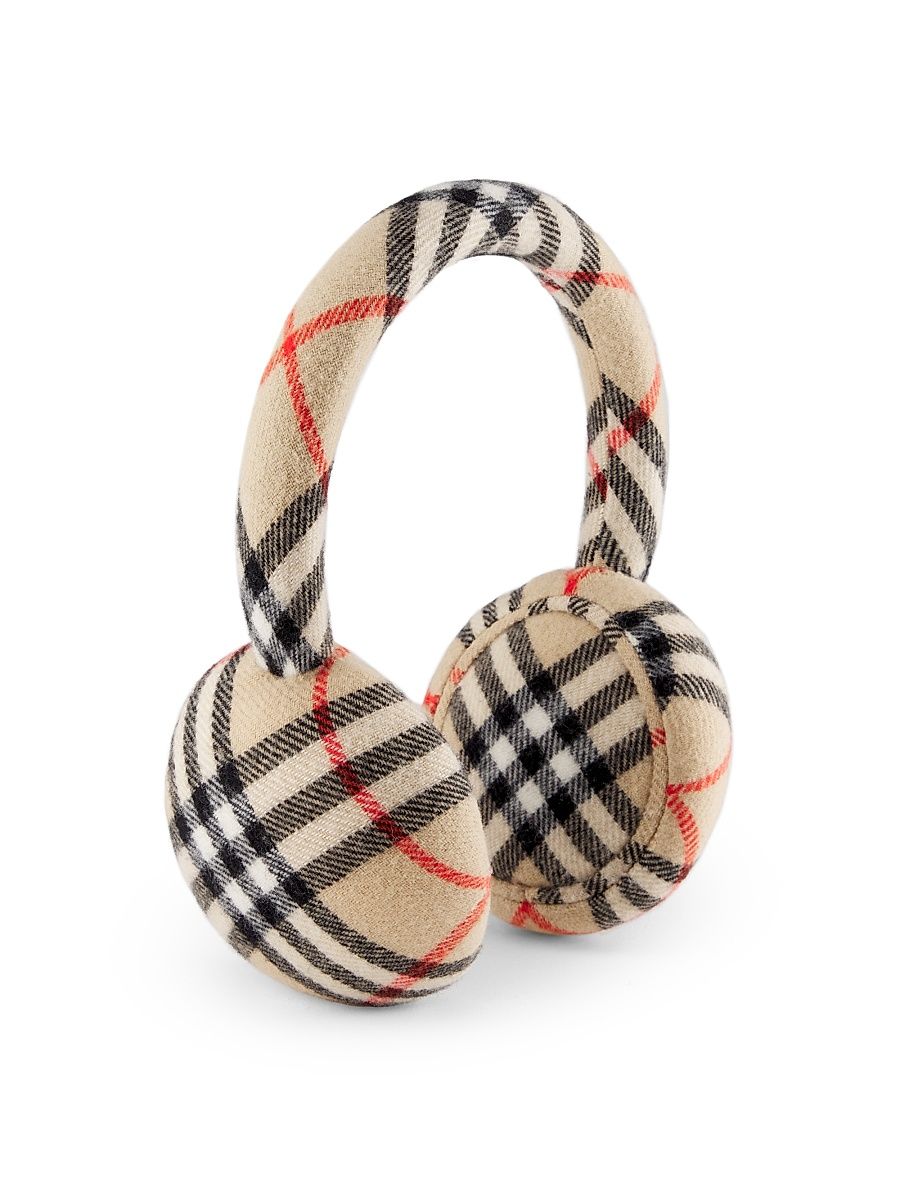 Women's Check Wool-Cashmere Earmuffs - Sand Ip Check - Size Medium