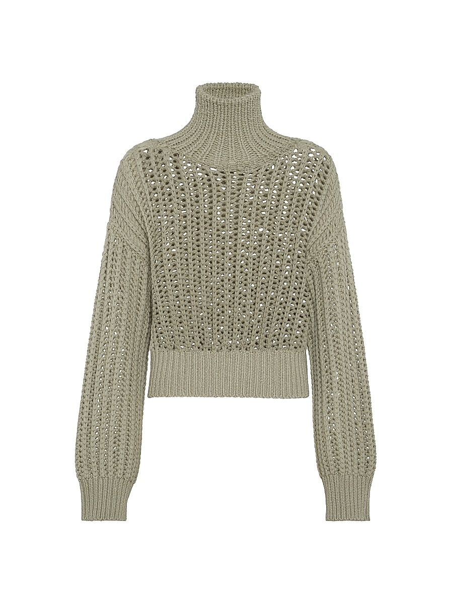 Women's Openwork Rib Turtleneck Sweater in Cashmere Feather Yarn - Green - Size XXL